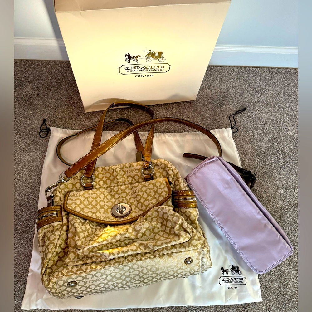 COACH Op Art C Coated Signature Cream Gold Addison Baby Diaper Large Tote Bag.